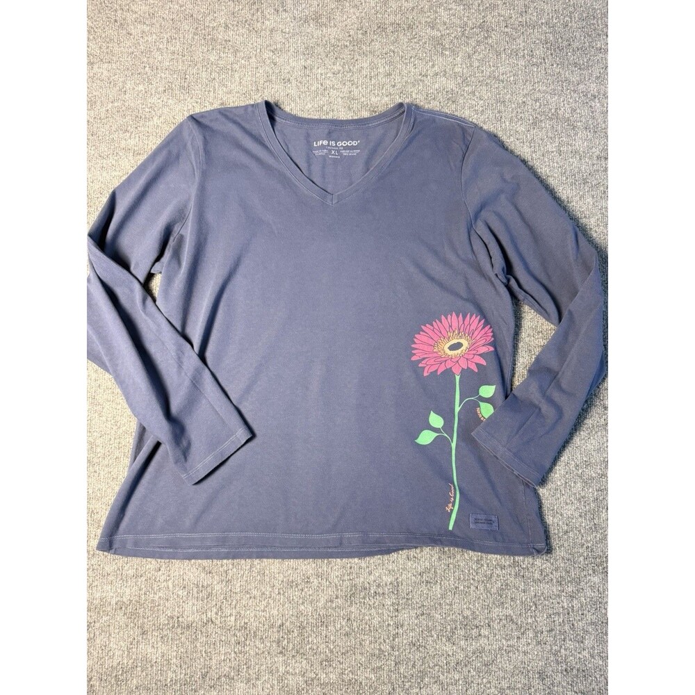 Life is Good Womens XL Crusher Tee Blue Gerbera Daisy Flower Long Sleeve V Neck